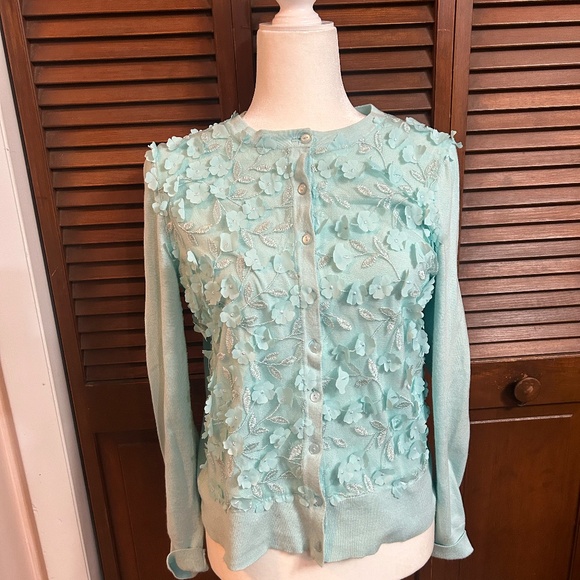 Charter Club Blue Chiffon 3D Floral Embellished Crew Neck Cardigan - Picture 3 of 9